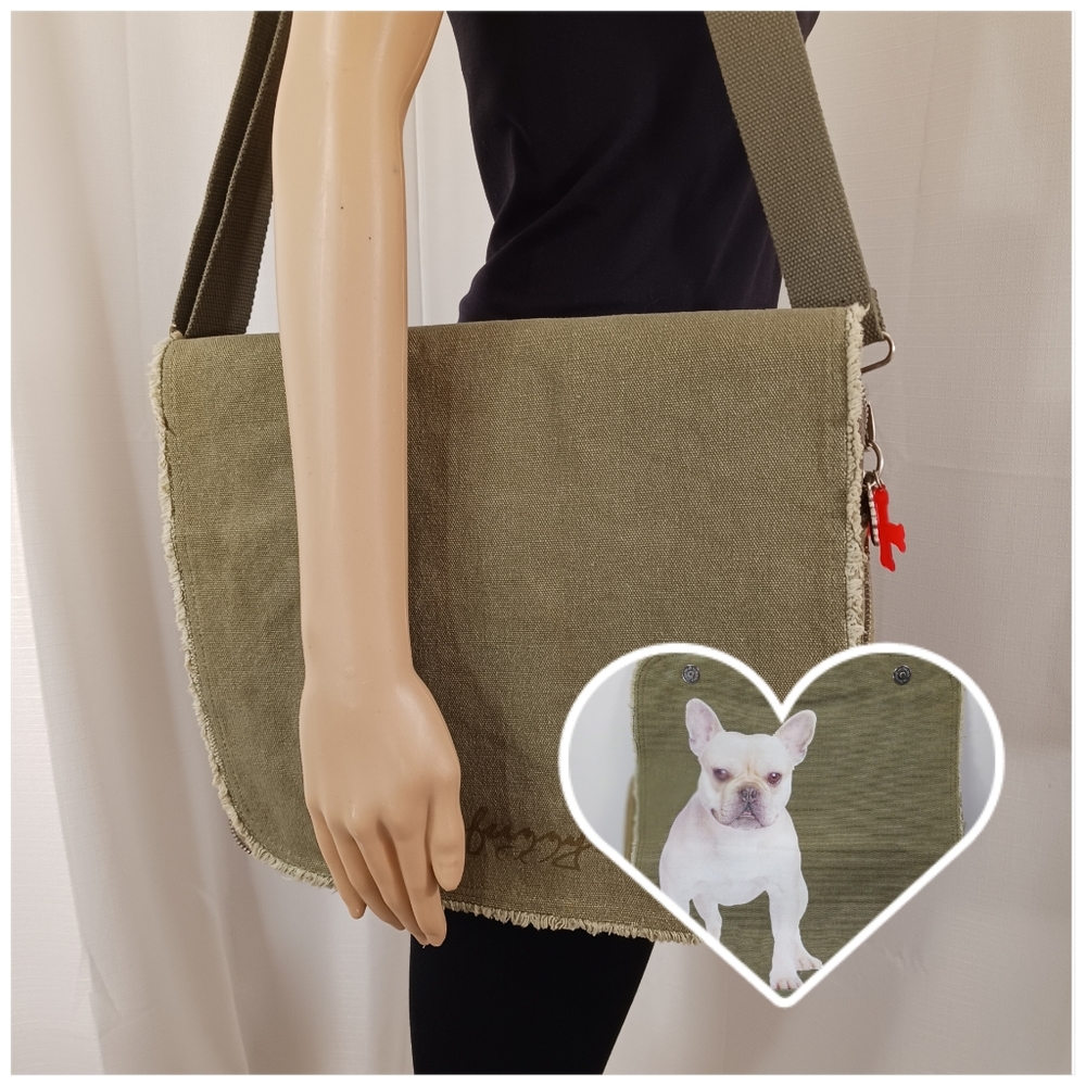 FUZZY NATION Olive Khaki Canvas Fringe Flap Computer Bag French Bulldog …